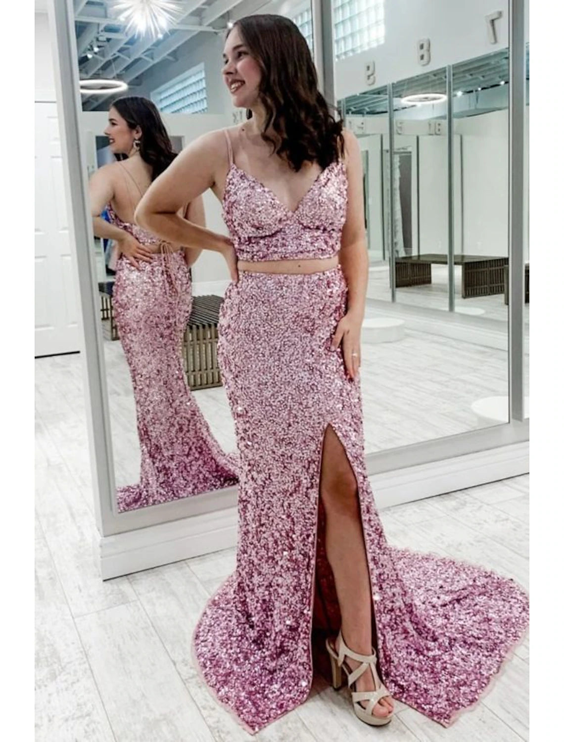 Wholesale  Two Piece Ball Gown Mermaid / Trumpet Prom Dresses Sparkle & Shine Dress Party Wear Prom Sweep / Brush Train Sleeveless Spaghetti Strap Sequined Backless with Sequin Slit